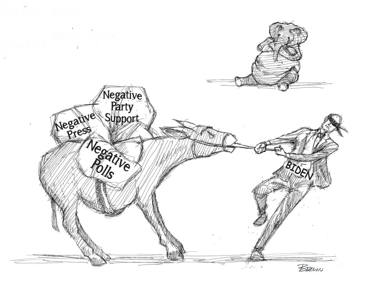 Sketch of a bull labeled 'Negative Press, Negative Polls, Negative Party Support' being fought by a man labeled 'BIDEN' with a rope, while a small, seated hippopotamus looks on.