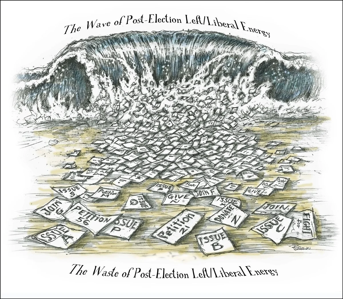 A drawing of a large wave made of crumpled paper and election ballots, labeled as 'The Wave of Post-Election Left/ Liberal Energy' with loose ballots and issues scattered on the ground below, depicting post-election political chaos.