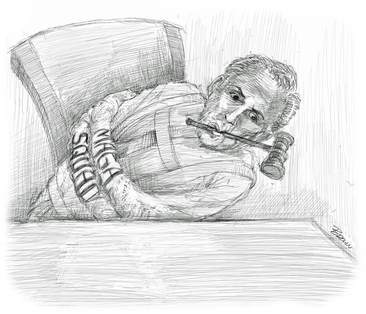 Sketch of a man reclining on a chair, holding a pipe in his mouth, with an exaggerated facial expression and hands resting on his stomach.