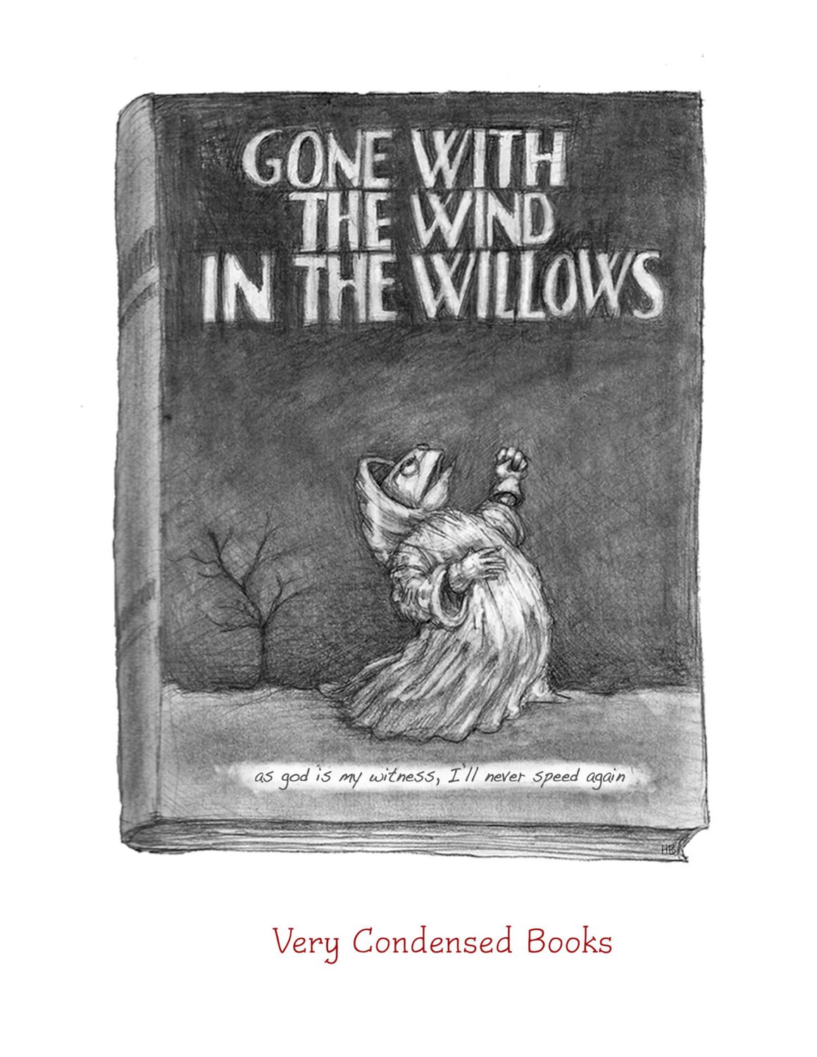 A black and white drawing of a book cover titled 'GONE WITH THE WIND IN THE WILLOWS' with an illustration of a small furry creature with a long tail, sitting on its hind legs, looking up, and reaching up with one paw. There is a tree with no leaves i