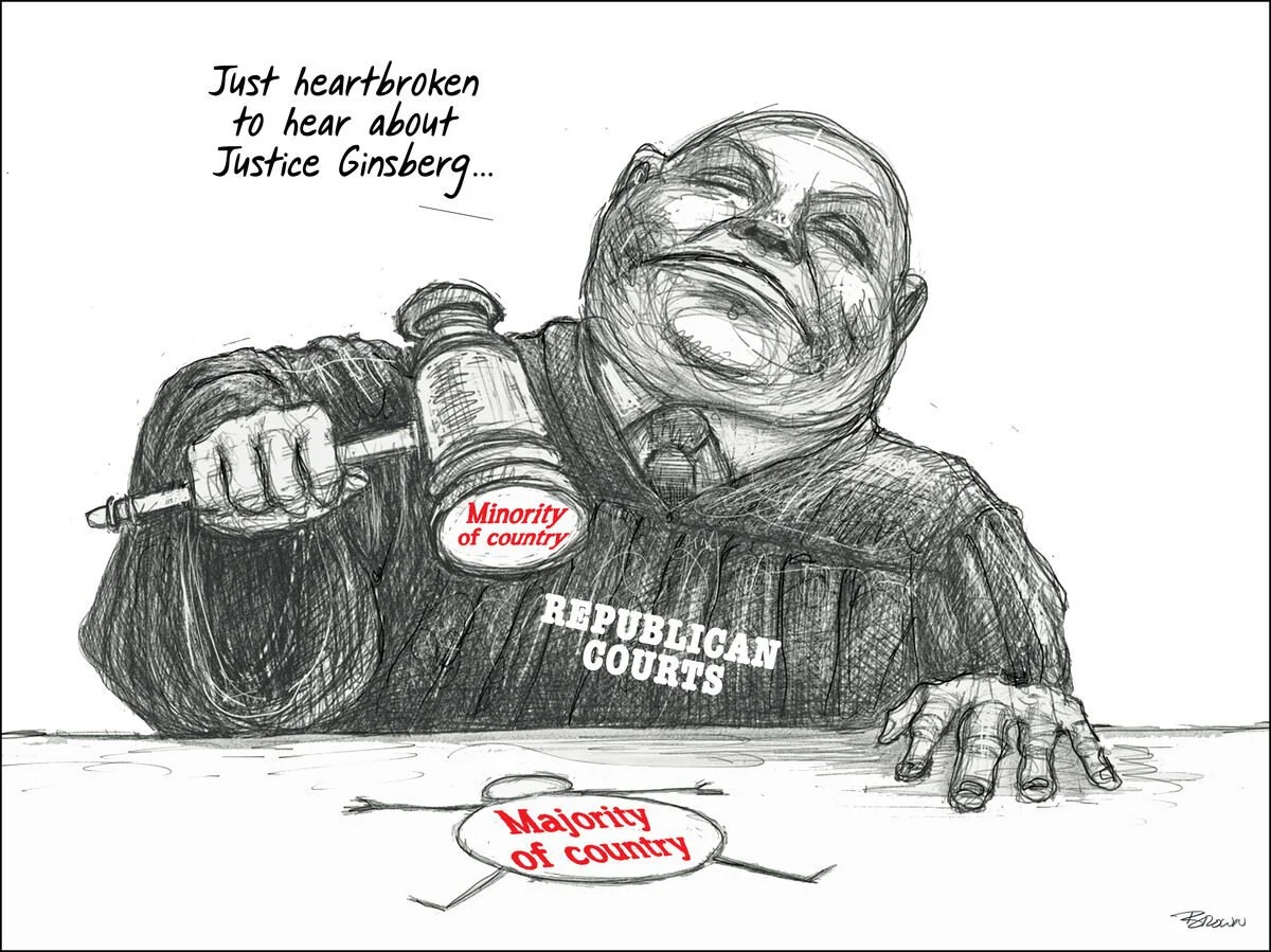 A courtroom sketch depicting a judge with a caricatured face holding a gavel. The judge is labeled 'Republican Courts' and is saying, 'Just heartbroken to hear about Justice Ginsberg...'. A red and white circle on the judge's chest reads 'Minority of