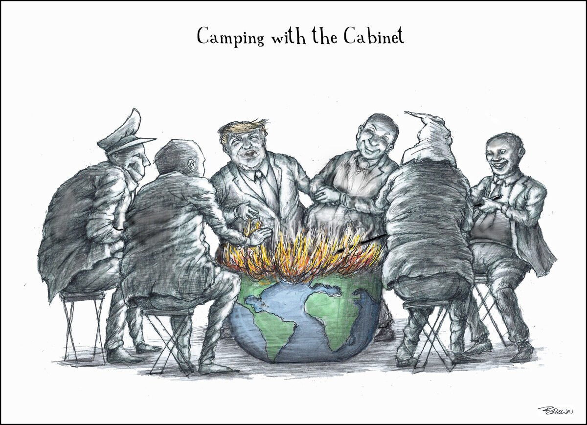 Illustration of six people sitting around a table with a burning earth, labeled "Camping with the Cabinet." The individuals, depicted in a satirical style, appear to be political figures, engaging in conversation and seemingly unconcerned about the f