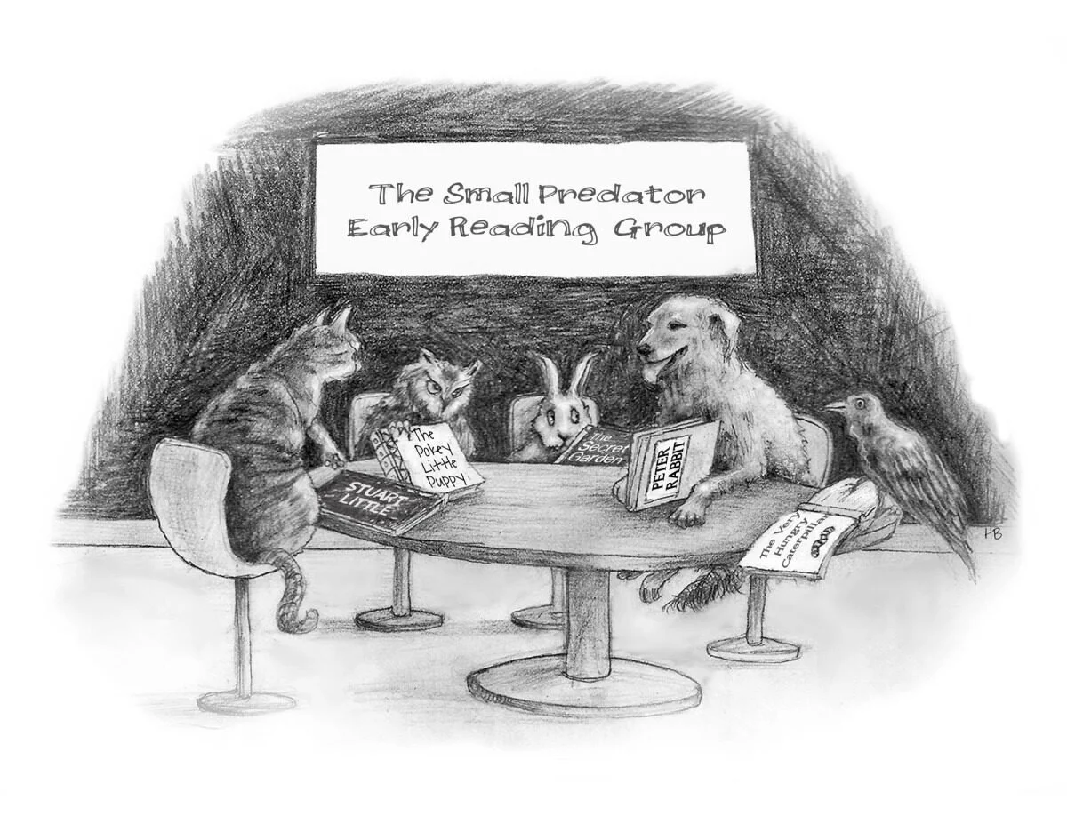A drawing of an early reading group meeting with various animals including a cat, a dog, a rabbit, and two birds, sitting around a table with books, titled "The Small Predator Early Reading Group."