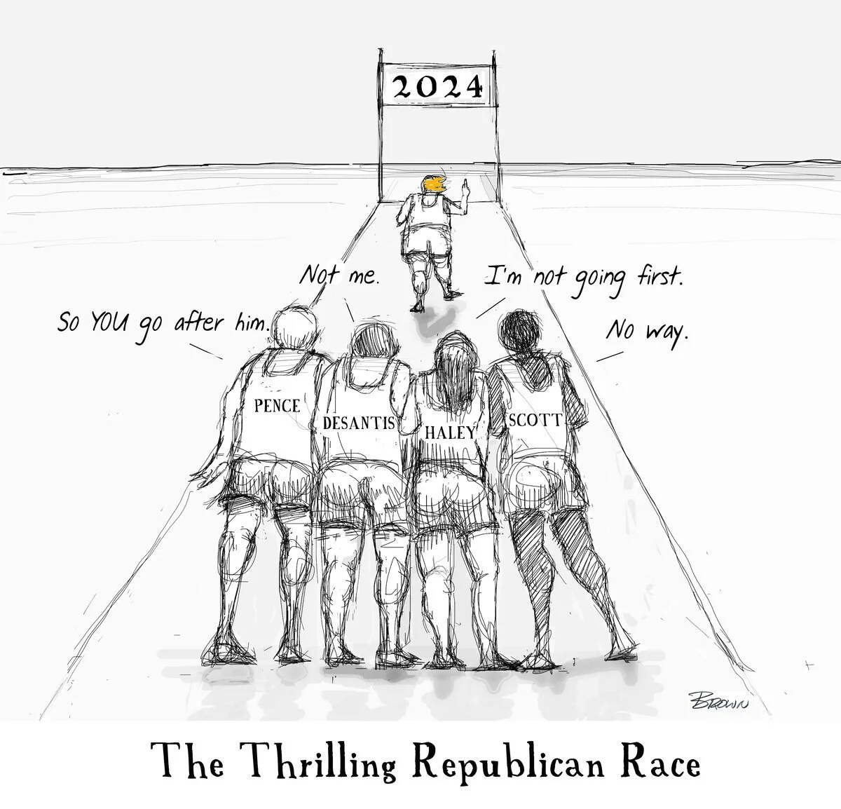 A sketch of a relay race with political figures, including Pence, DeSantis, Haley, and Scott, passing the baton on a track labeled 2024. They are refusing to go first, with one runner ahead labeled '2024'. The caption reads, 'The Thrilling Republican