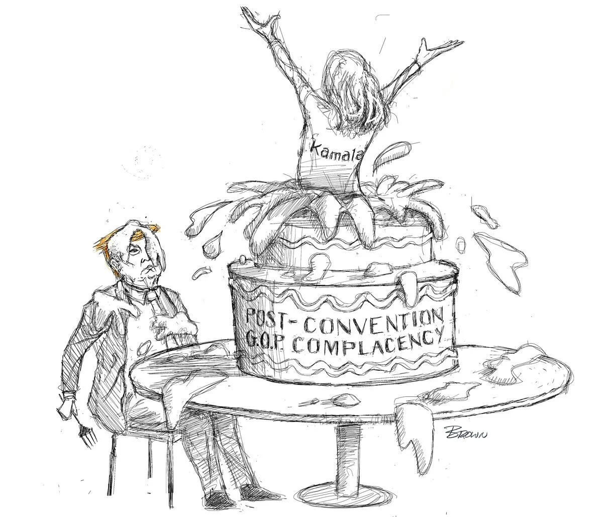 A sketch of a woman emerging from a large cake labeled 'Post-Convention GOP Plagiarism,' with the woman wearing a shirt that says 'Kamal.' An individual stands beside the table, observing the scene.