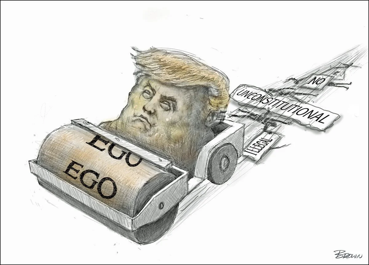 A political cartoon depicting a paper shredder with the face of Donald Trump, with words like 'LIE,' 'EGO,' 'IDG,' and shreds of paper labeled 'No Unconstitutional,' 'Illegal,' and others coming out of it.