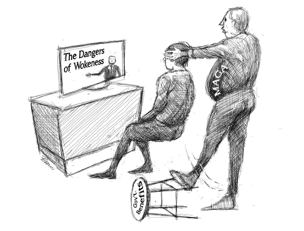 A political cartoon showing a woman labeled 'Vaccine' receiving a head massage from a man labeled 'NAC', while a seated woman labeled 'Govt. Benefits' watches. A monitor displays a figure pointing to a slide titled 'The Dangers of Wokeness'.