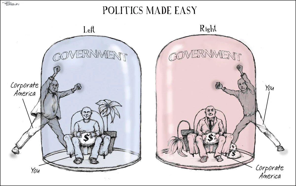 A cartoon illustration titled "Politics Made Easy" showing two glass domes labeled "Left" and "Right." Inside each dome are a wealthy person labeled "Corporate America" or "You" sitting on a chair with a bag of money, and another person representing 