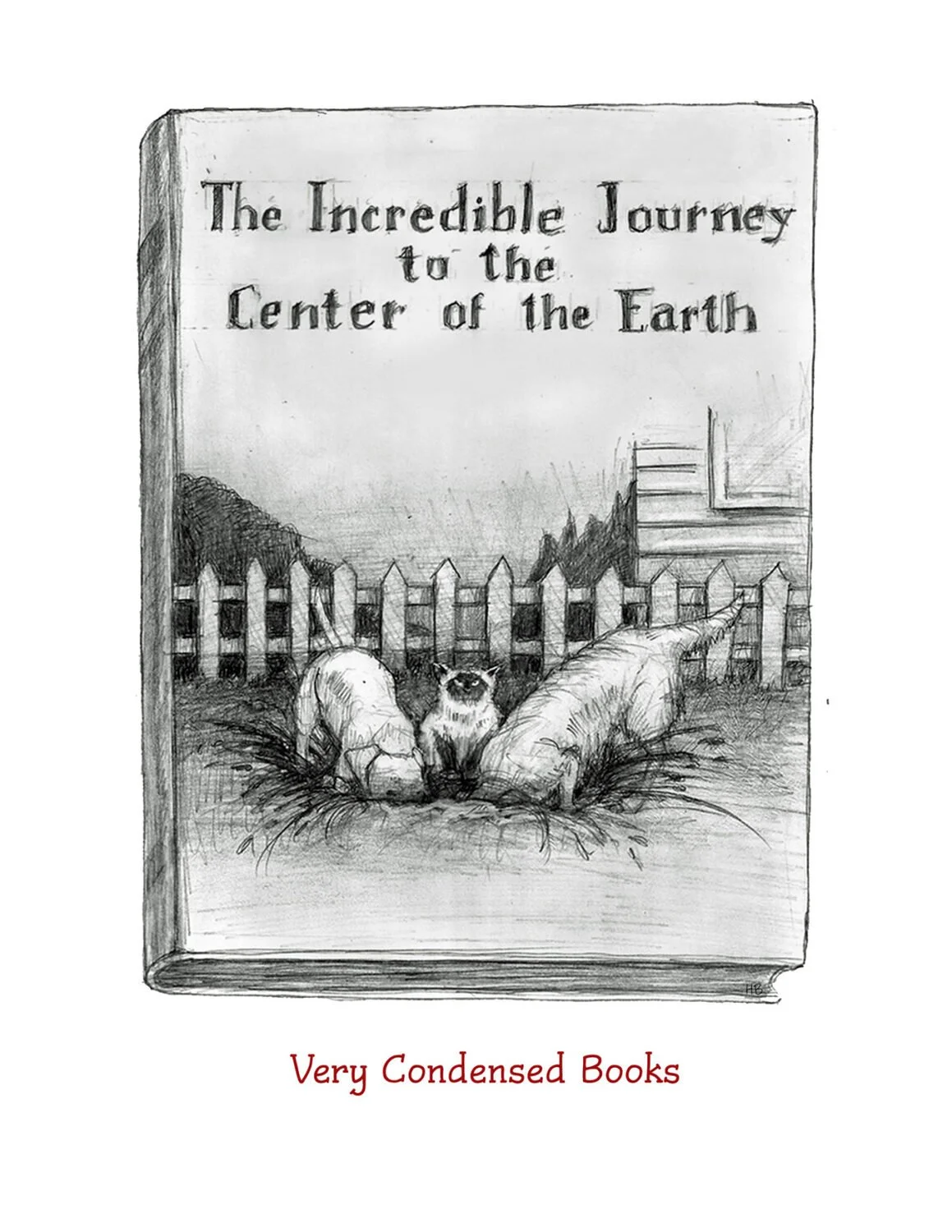 A pencil drawing of a book cover titled, 'The Incredible Journey to the Center of the Earth.' The cover features a small animal in front of a picket fence with mountains in the background and two larger animals with rounded backs on either side of th