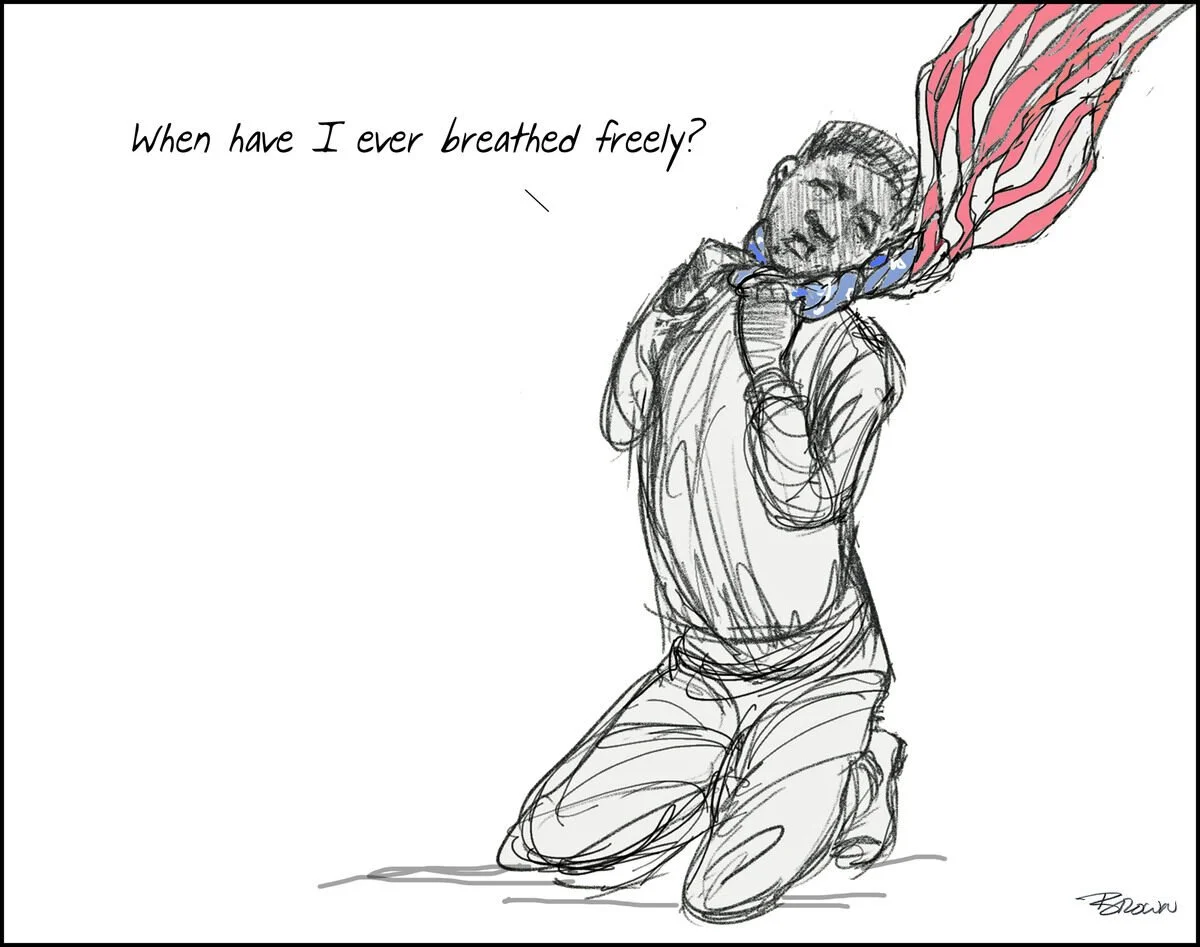 A sketch of a person kneeling on the ground, with their hands clasped and head bowed, holding a large American flag behind their head. The person appears contemplative, and there's a speech bubble with the text "When have I ever breathed freely?"