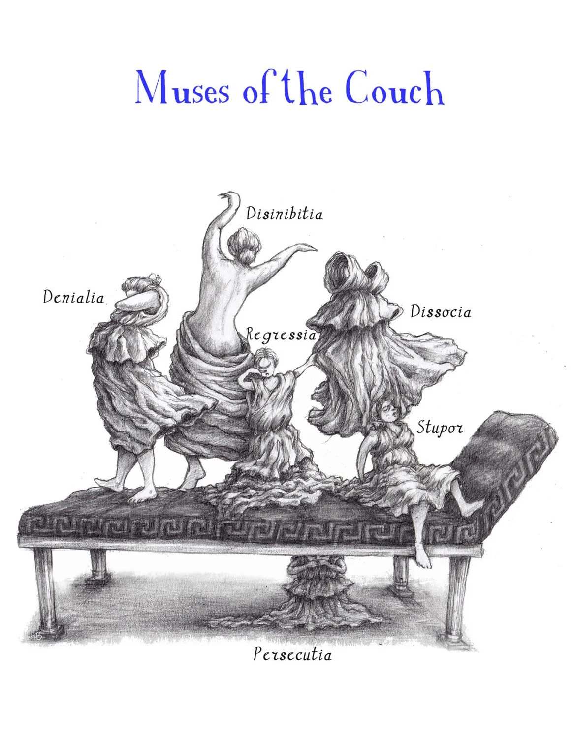 Illustration titled "Muses of the Couch" depicting five women, each labeled with a name: Denalia, Regressia, Dissocia, Stupor, and Disinbitia, seated or standing on a couch with a patterned edge, resembling the Greek muses.