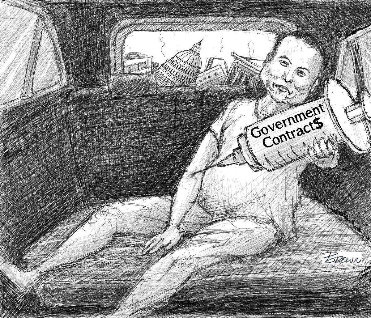 an illustration of elon musk in the back of a van shooting up government contracts with the capitol crumbling in the back view 