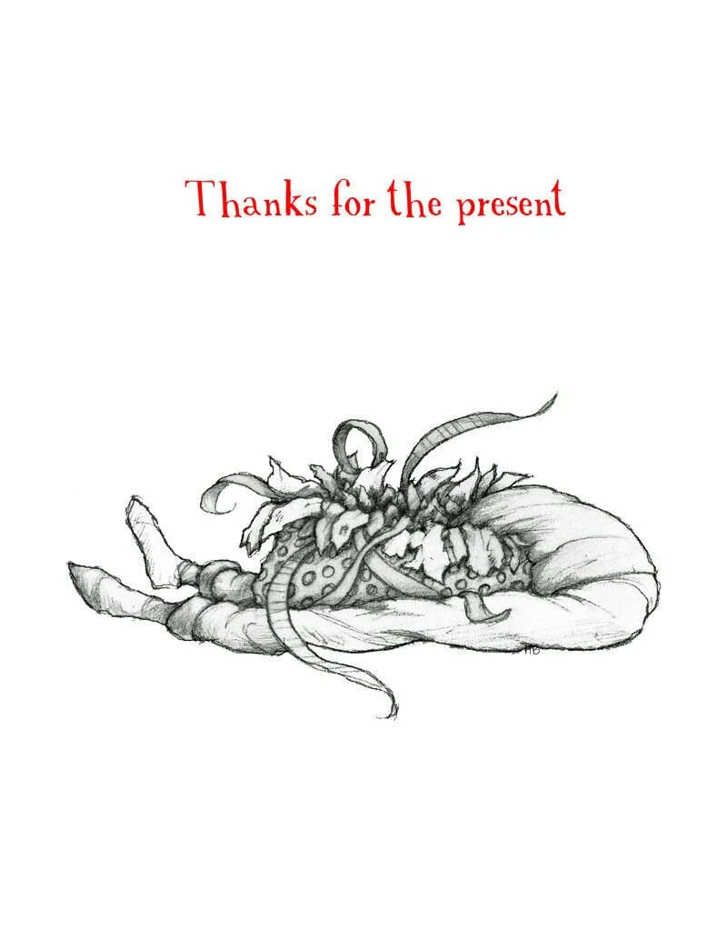 A black and white drawing of a curled-up baby lobster with detailed texture, accompanied by red text reading 'Thanks for the present' on a white background.