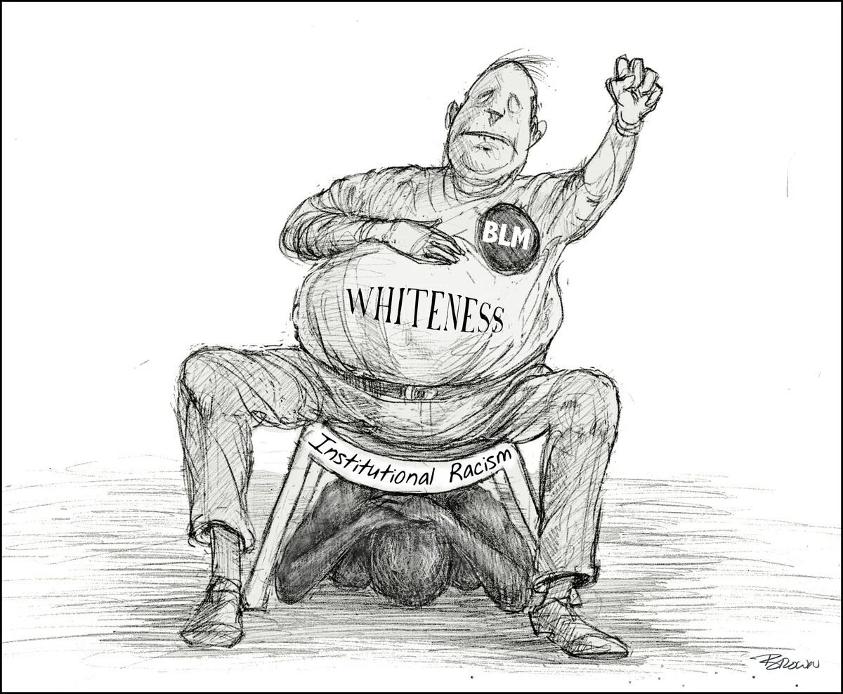 A political cartoon showing a large person labeled 'BLM' and 'Whiteness' sitting on a stool marked 'Institutional Racism,' with a person underneath the stool. The person on the stool is raising one fist, and the overall expression is a caricature.