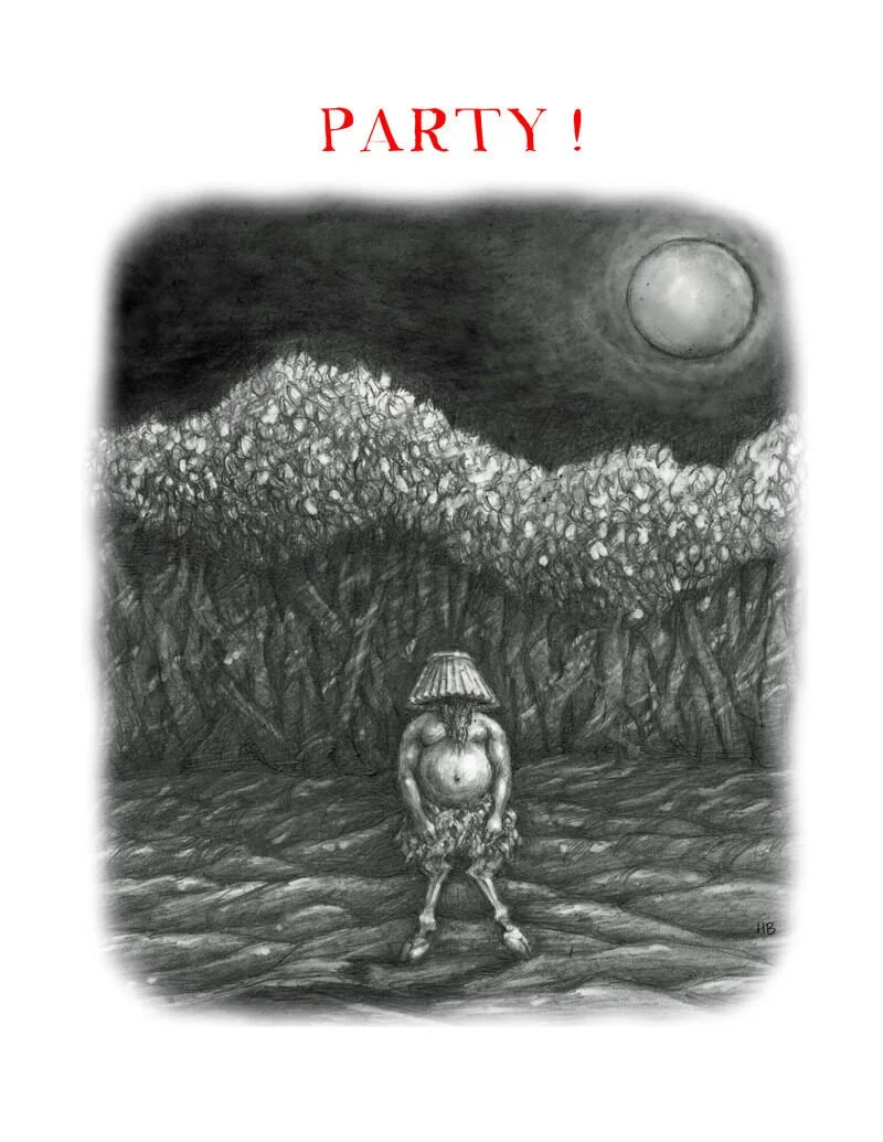 A drawing of a person with a lamp as a hat, standing on a forest path at night, with a full moon in the sky and a hill in the background. The word 'PARTY!' is written in red at the top of the image.
