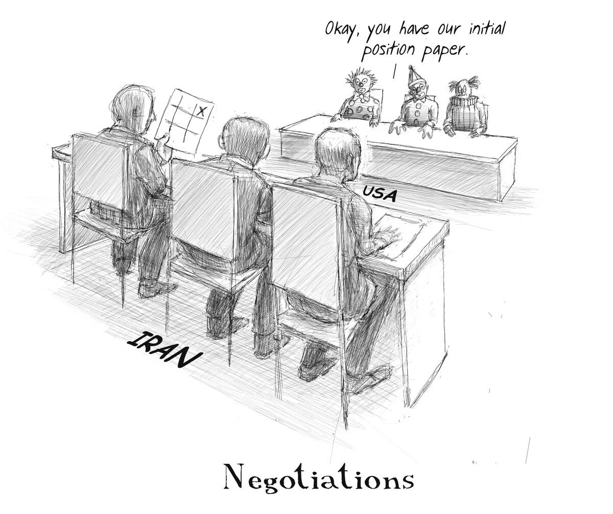 A sketch of a negotiation scene with three officials seated at a table marked 'USA', and three representatives from Iran and other countries seated facing them. One official, likely from the USA, is holding a paper with an X and O, indicating a game 