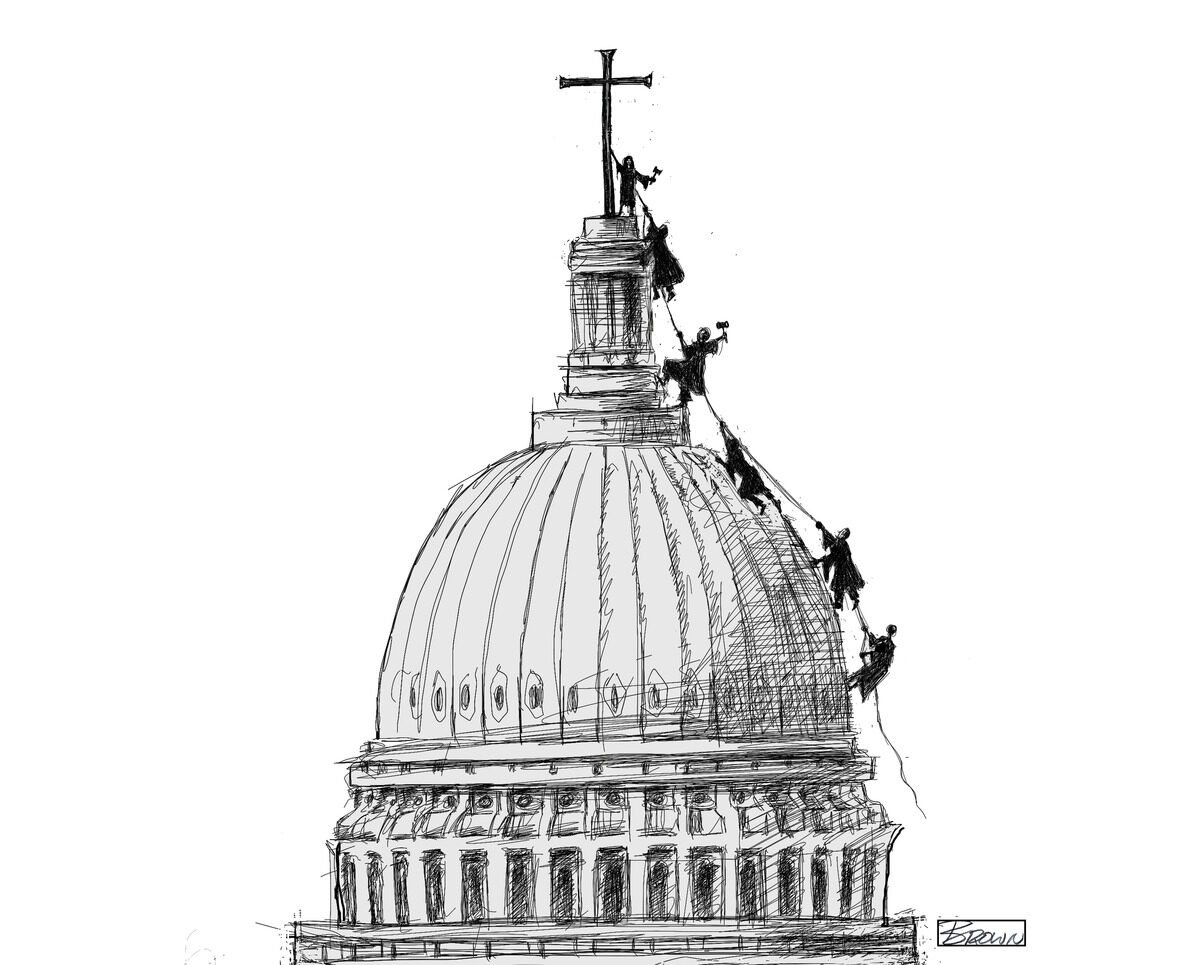 Sketch of the U.S. Capitol dome with workers climbing and working on the structure, some with tools, and a statue on top of the dome.