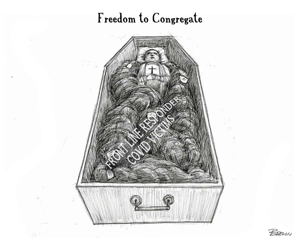 Sketch of a casket with a child holding a cross on their chest, surrounded by many COVID-19 test swabs. The image is labeled 'Freedom to Congregate' at the top.