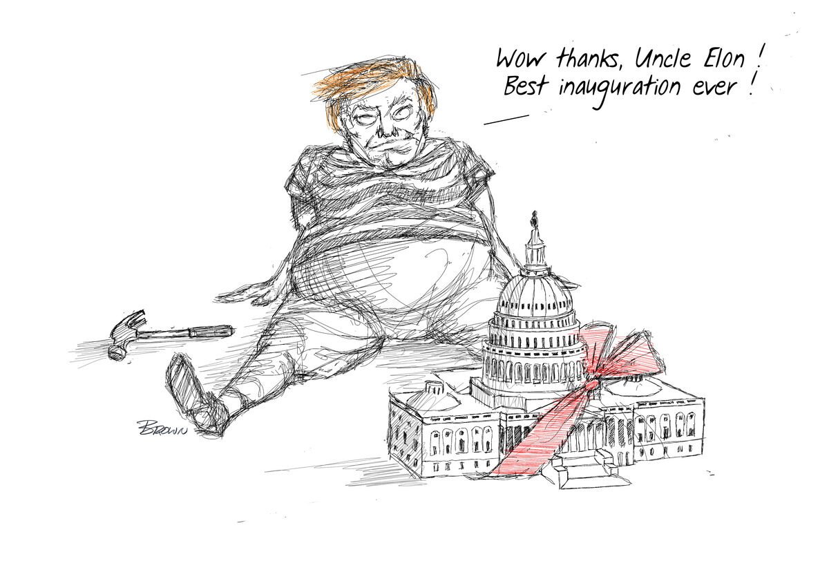 A humorous sketch of a large, angry-looking caricatured person with disheveled hair, sitting next to a model of the U.S. Capitol building wrapped with a red ribbon. The person is saying, "Wow thanks, Uncle Elon! Best inauguration ever!" There is a ha