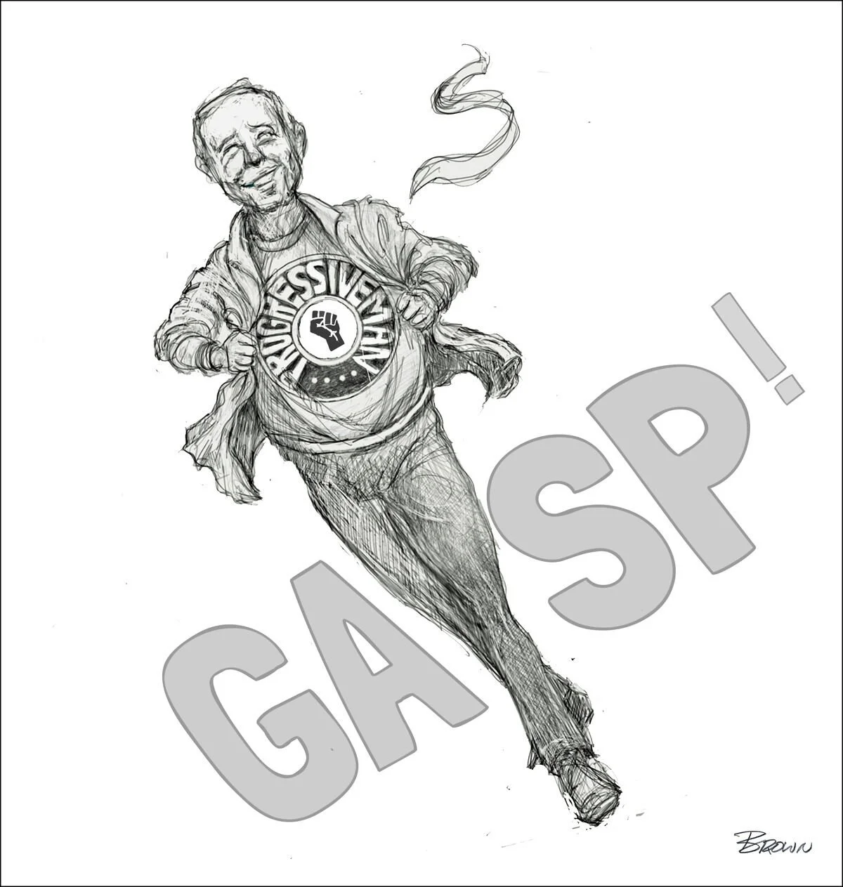 A sketch of a smiling man running and holding open his shirt to reveal a symbol with a fist and words "Resist" and "Resilience."