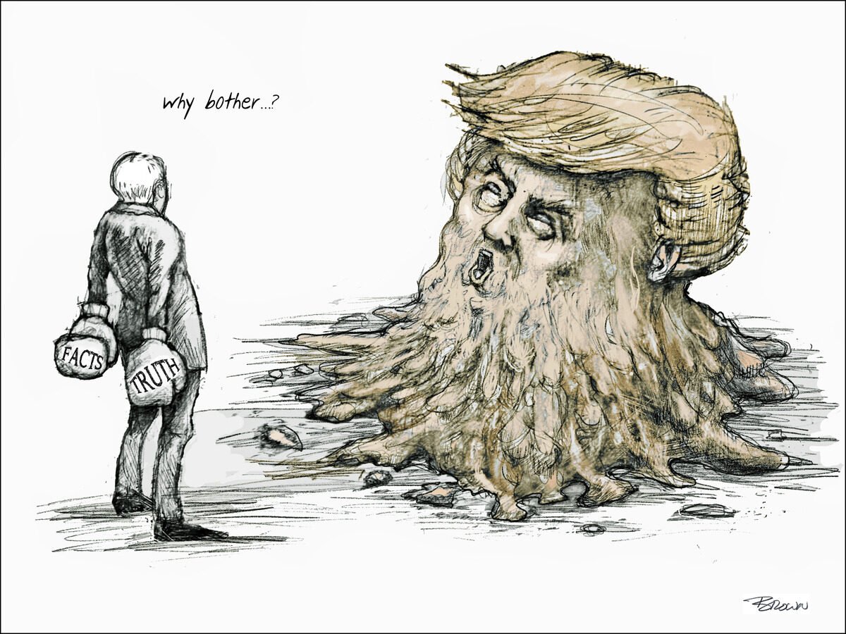 A man walking away from a giant, monstrous head resembling Donald Trump with exaggerated hair and beard. The man carries two buckets labeled "FACTS" and "TRUTH", and says, "why bother...?" in a sketchy, cartoon style.