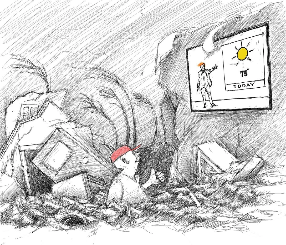 Sketch of a person sitting amidst overturned furniture and debris, with a weather forecast on a screen showing sunny weather and 75 degrees.