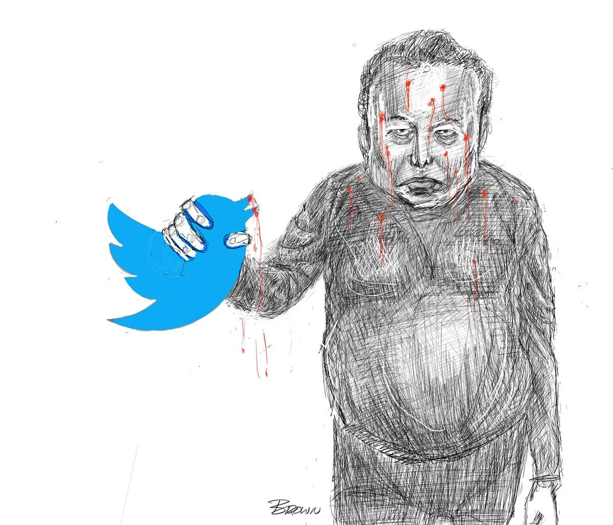 A sketch of a person with a distressed expression holding a Twitter logo, with red streaks resembling blood dripping from their face and body.