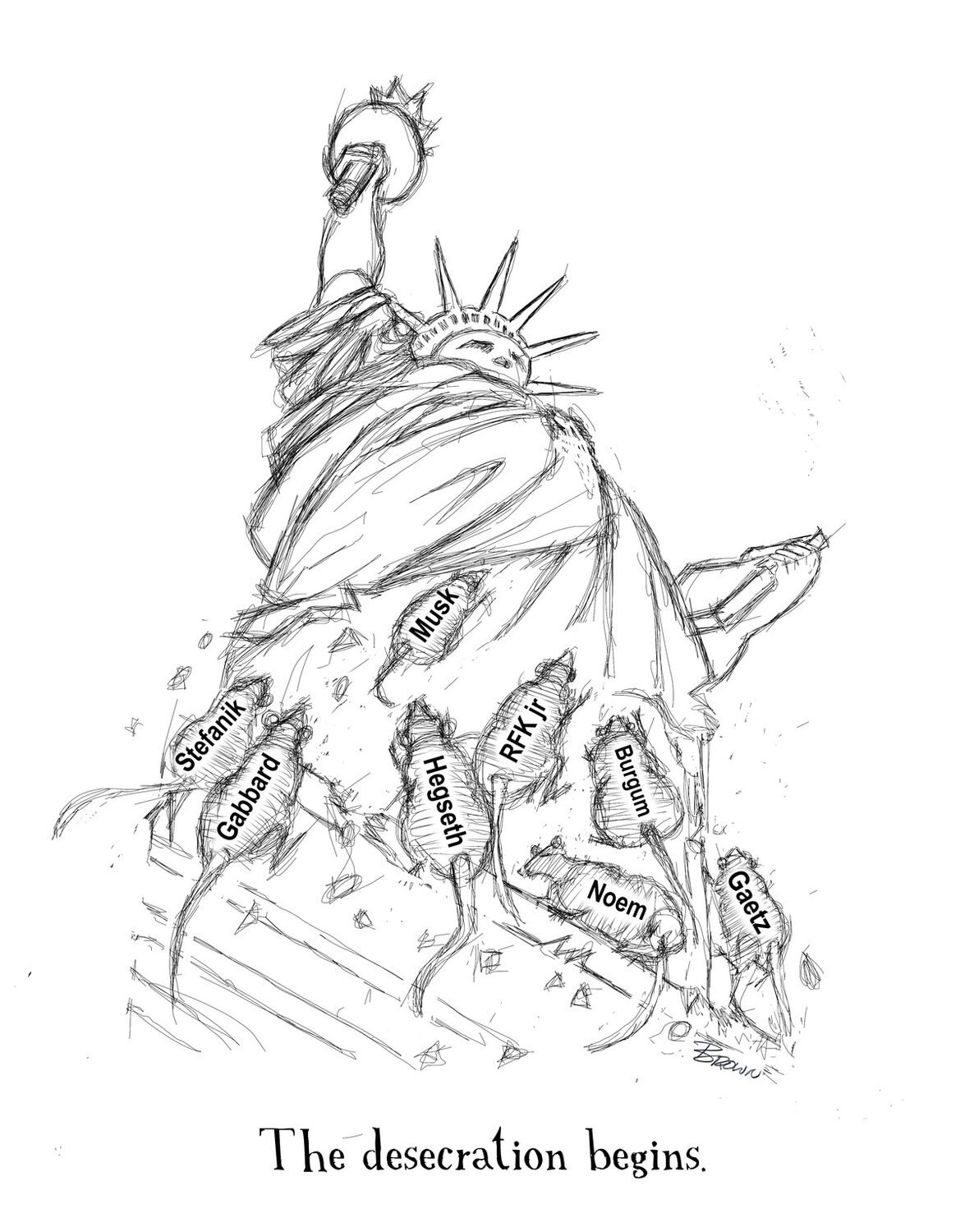 A sketch of the Statue of Liberty with the torch in hand, similar to the 'Blood Swept Lands and Seas of Red' poppy display. The statue's body is replaced by an object labeled with names of individuals, each a seed representing different people such a