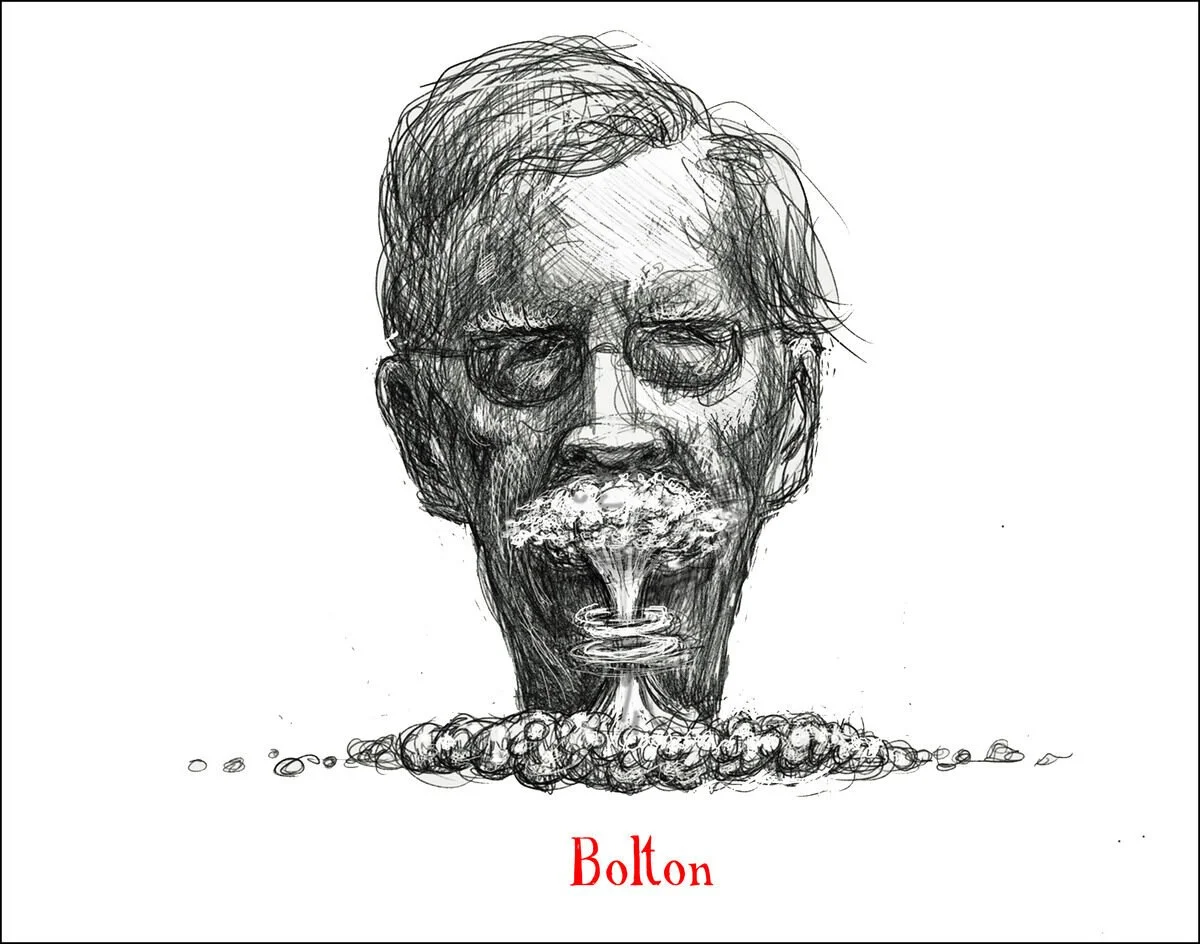 A sketch of a man's face with glasses, with his mouth creating the image of a volcanic eruption, with smoke and ash billowing out and downward.