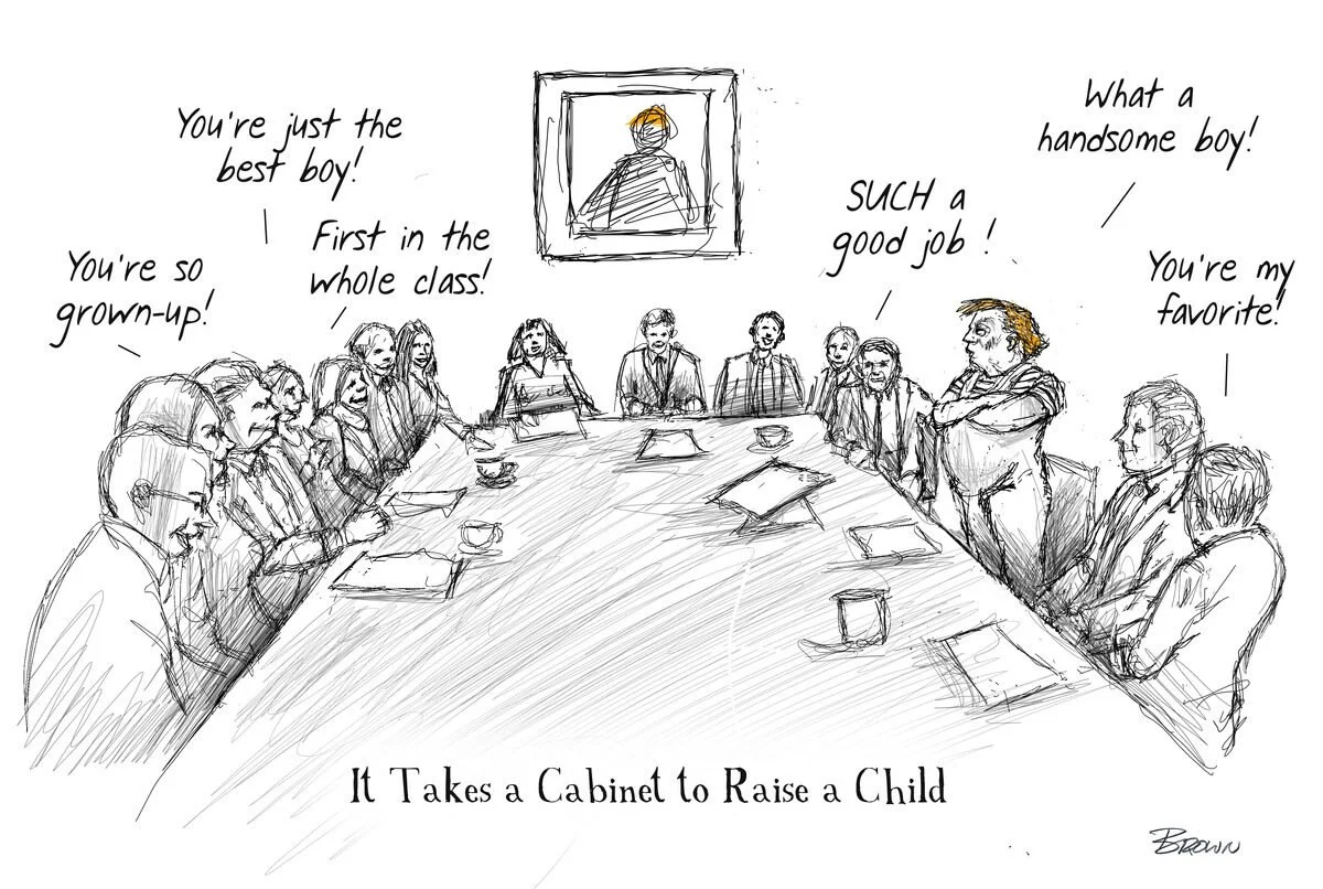 A sketch of a child in a frame on the wall, with a group of people around a conference table praising a boy. The group includes children and adults with speech bubbles saying compliments. The caption reads, 'It takes a Cabinet to Raise a Child'.