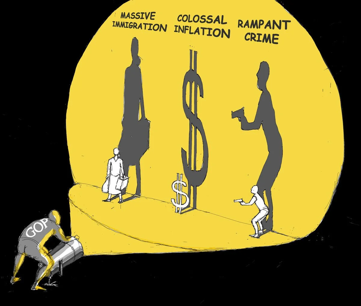 A political cartoon depicting a person labeled 'GOP' pushing a barrel into a spotlight. Inside the spotlight, there are silhouettes of a woman with a briefcase, a large human figure, and a person with a gun, with words above them reading 'Massive Imm