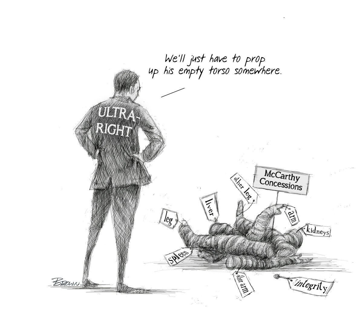 A political cartoon showing a man in a suit with 