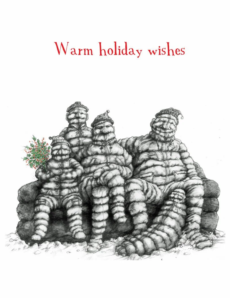 A drawing of four snowmen made of stacked snowballs sitting on a bench, with a small decorated Christmas tree beside them, and above them the text 'Warm holiday wishes' in red.