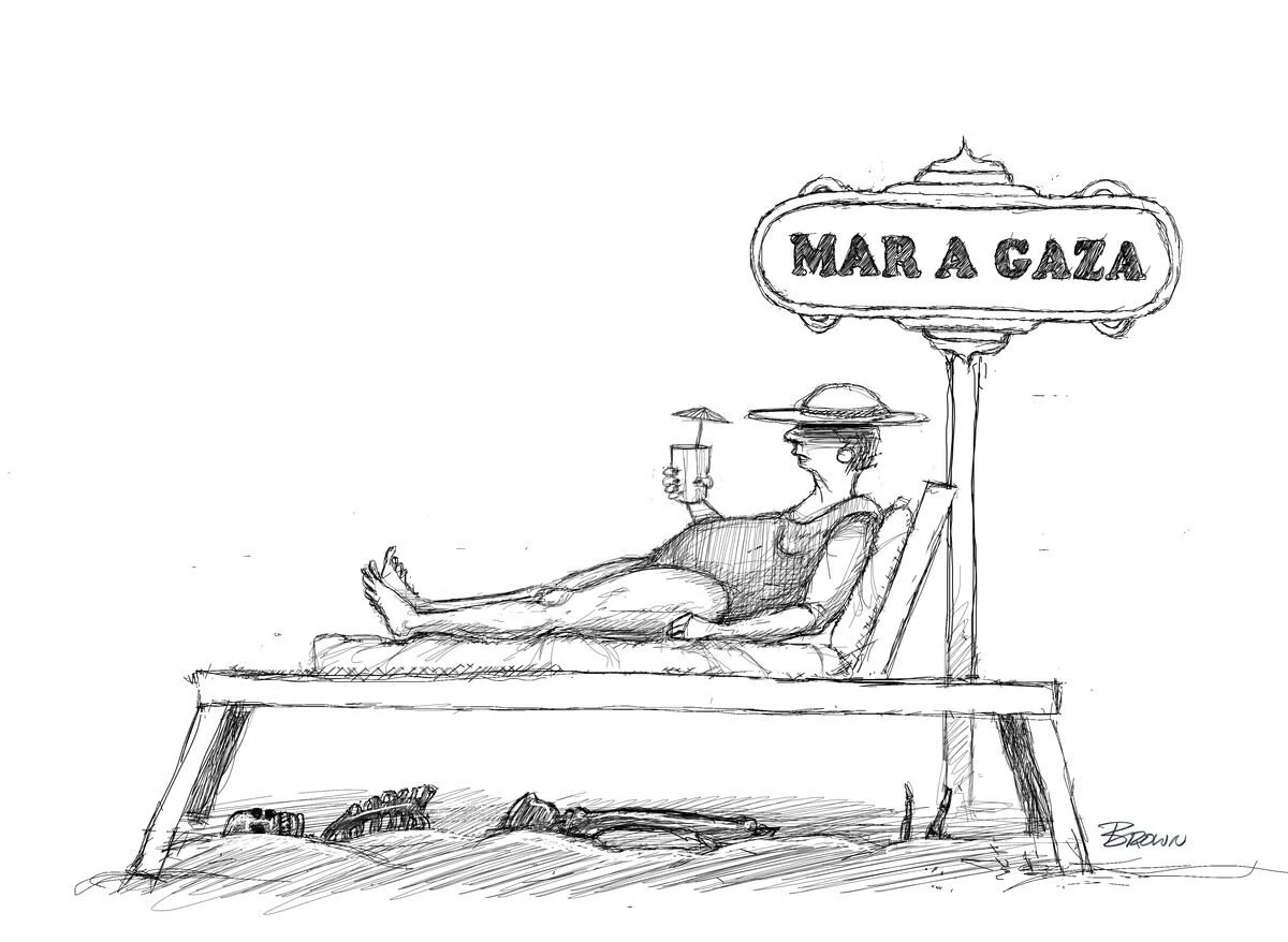 Sketch of a person relaxing on a beach chair with a drink in hand, wearing a wide-brimmed hat and sunglasses, next to a sign that says 'Mar a Gáza'.