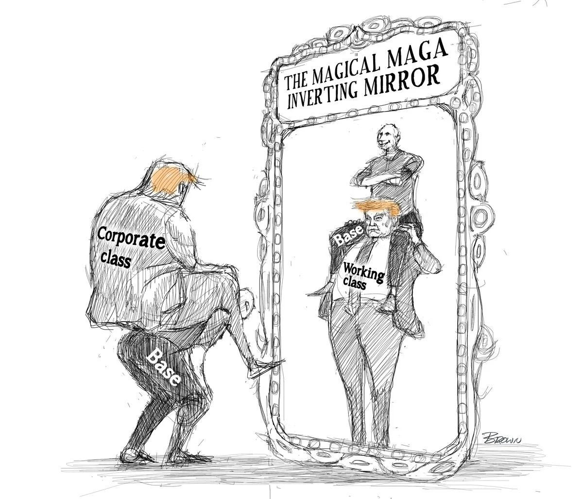 A political cartoon depicting a man labeled 'Corporate class' looking at his reflection in an 'Inverting Mirror' labeled 'The Magical Maga Inverting Mirror.' The reflection shows a man labeled 'Base' with a 'Working class' badge, appearing confident 