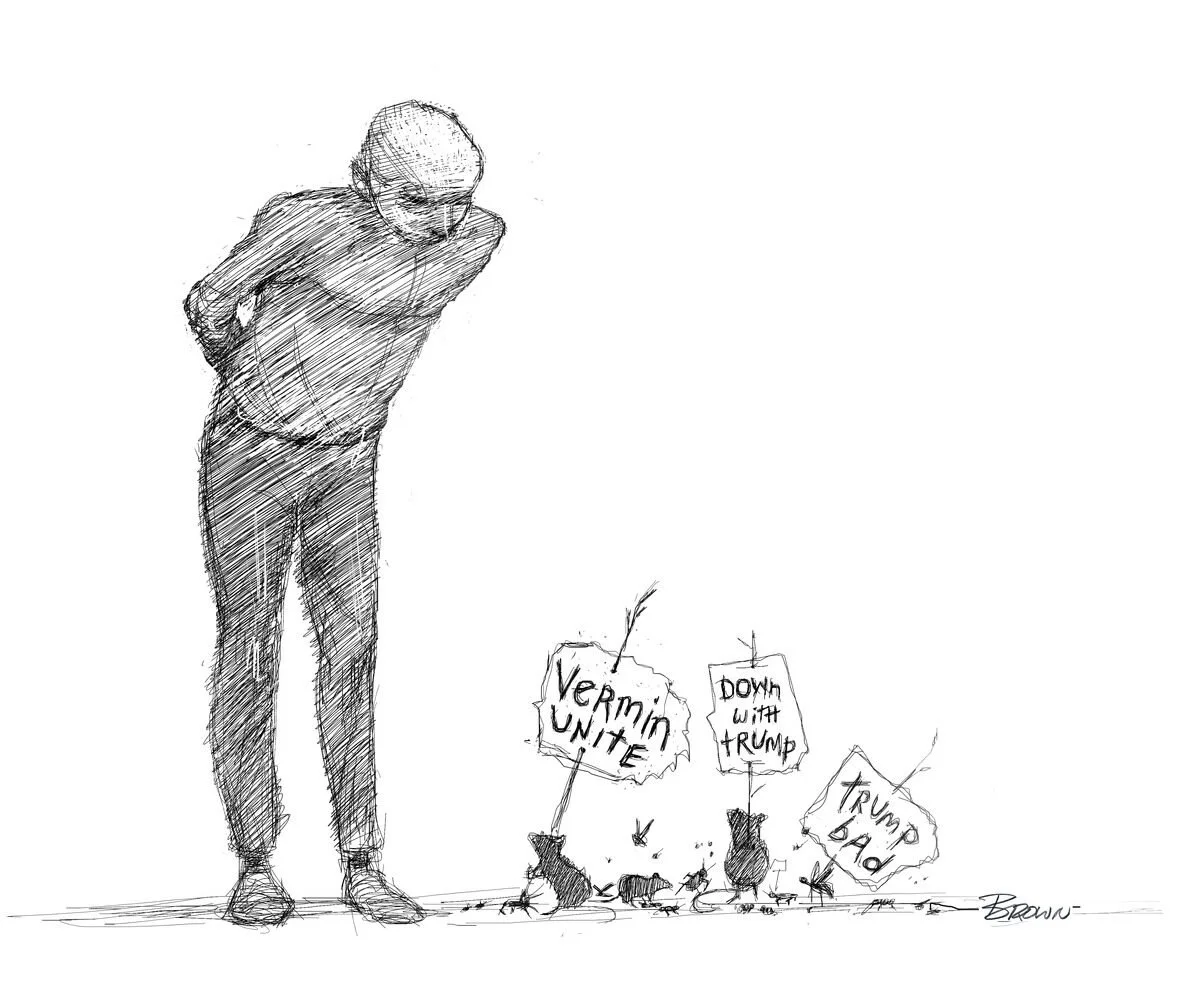A sketch of a person looking at three small mice holding protest signs with political messages.