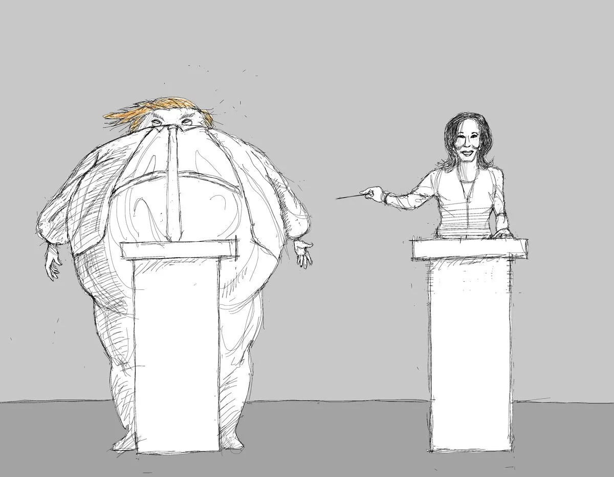 Sketch of two people at podiums, one resembling former President Donald Trump with exaggerated features and disheveled hair, the other a woman with wavy hair, smiling and pointing at Trump.