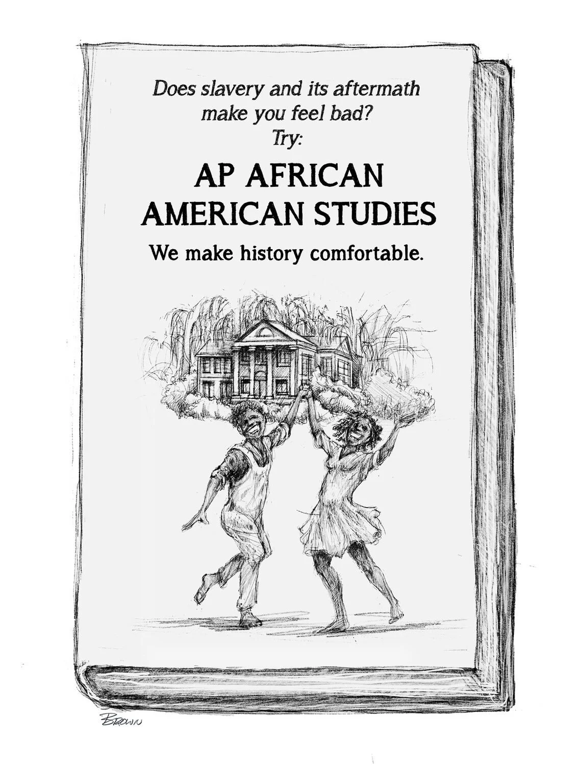 Sketch of two children dancing in front of a large house with trees, holding hands in celebration.