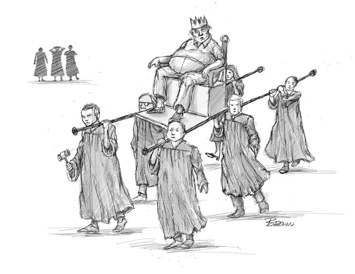 A sketch of a group of people carrying a judge on a platform, accompanied by individuals holding a gavel and talking on a cell phone, with three onlookers in the background.