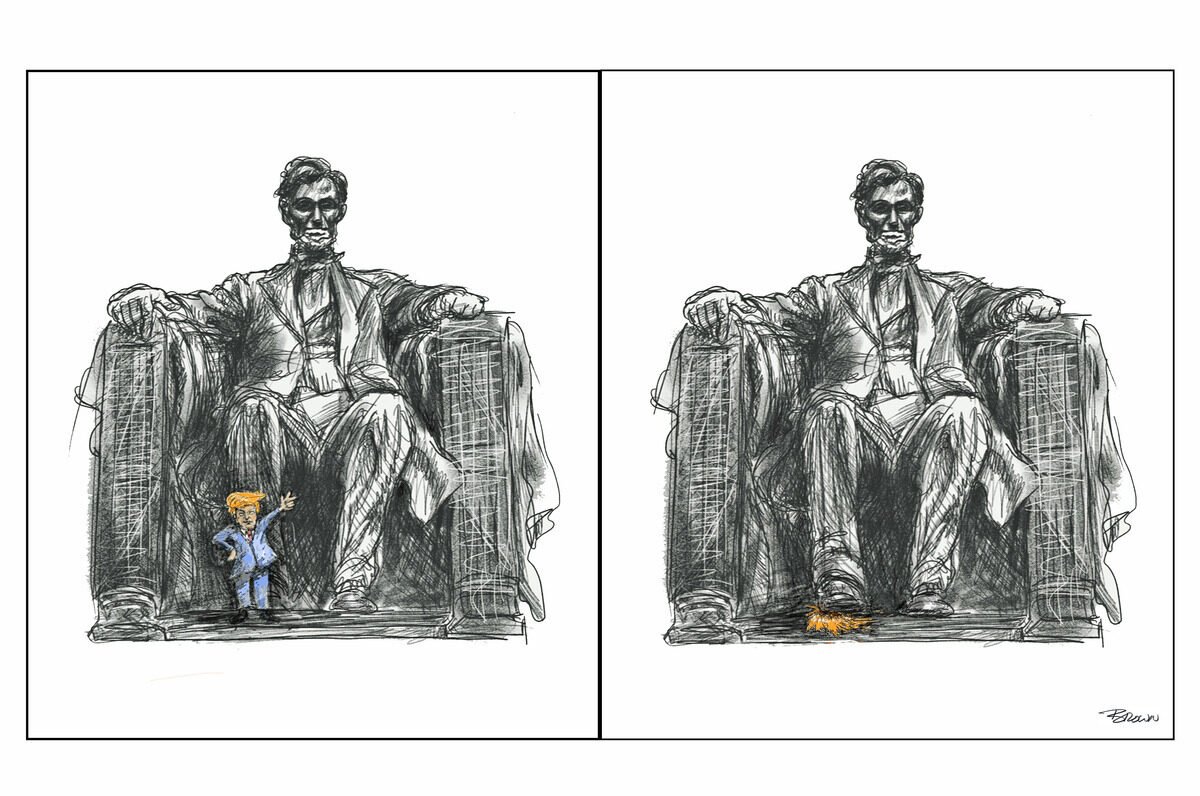 A split sketch of Abraham Lincoln in the Lincoln Memorial with a small cartoonish figure of Donald Trump at the statue's foot, left side shows the figure raising its hand, right side shows a small pile of yellow-orange debris near Lincoln's foot.