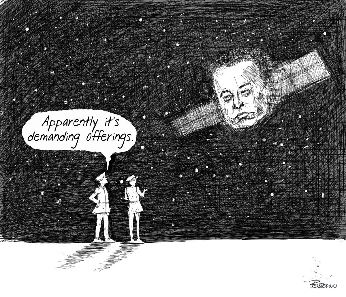 Two characters in space looking at a starry sky with a large face of a man in a space station or satellite. One character says, 'Apparently it's demanding offerings.'
