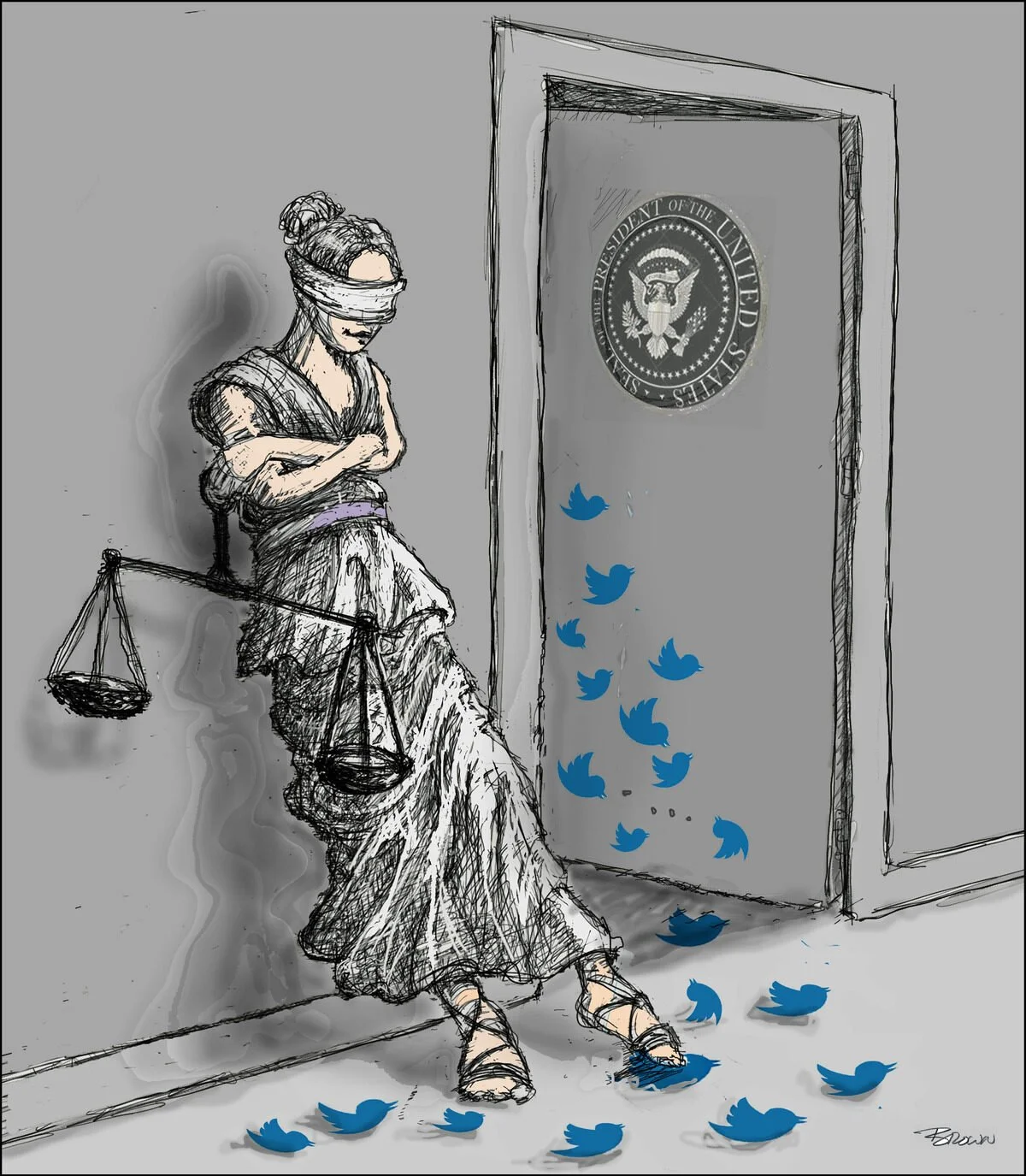A sketch of Lady Justice blindfolded sitting next to a door with the President of the United States seal. Blue Twitter bird icons are spilling from the door, symbolizing social media.