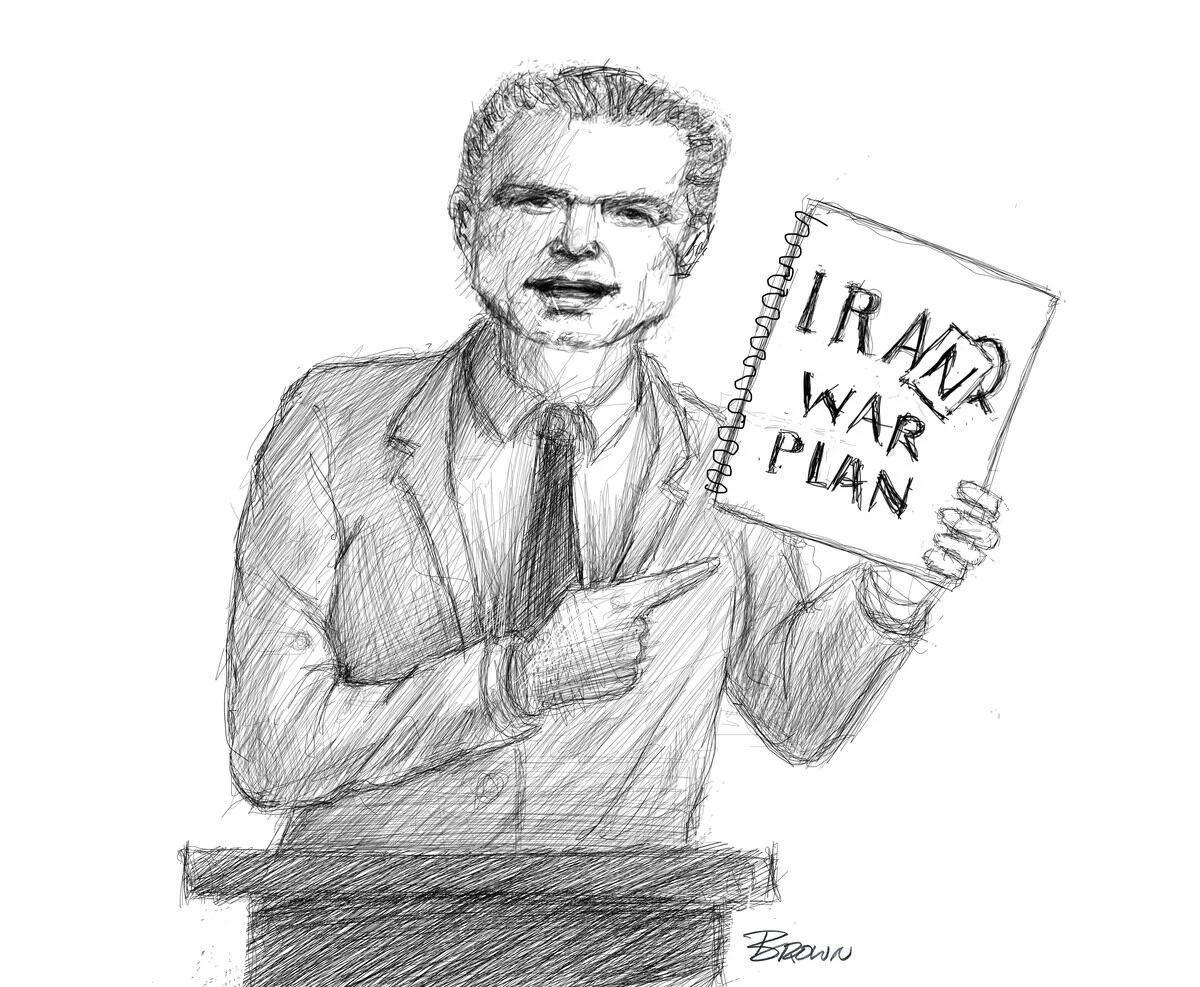Sketch of a man in a suit pointing at a notebook labeled "Iran War Plan".