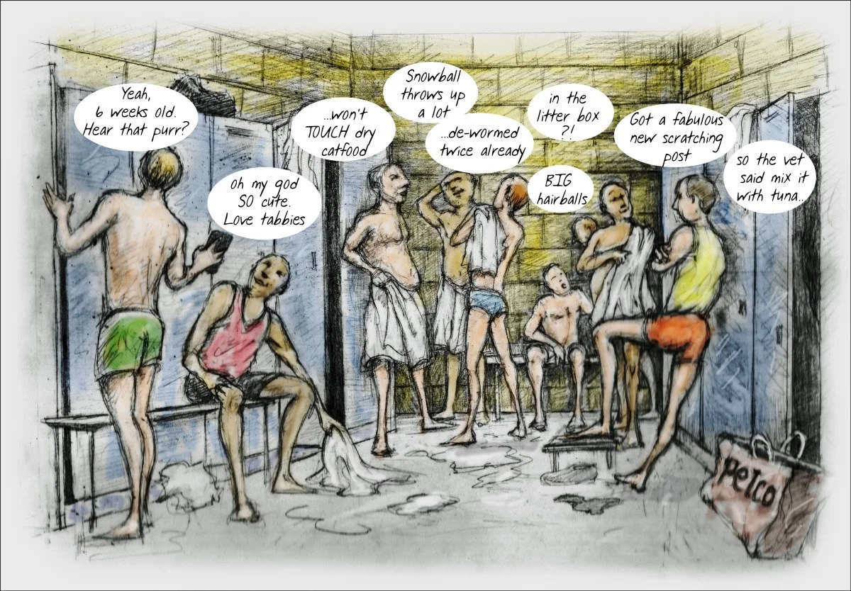 Sketch of a crowded public restroom with multiple people and children, some with wet hair and towels, engaging in conversation, with a bag on the floor marked 'delico'.