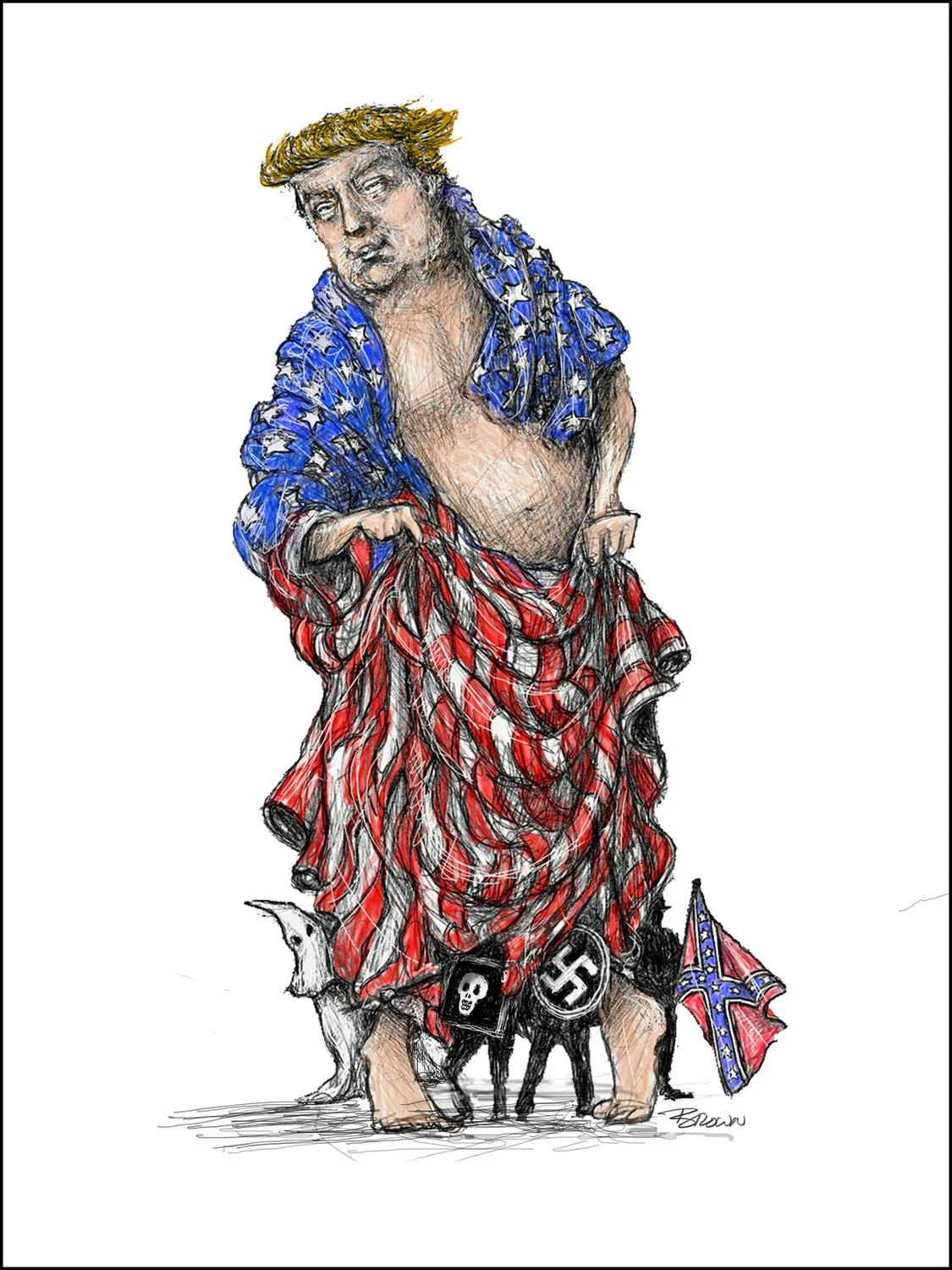 A cartoon drawing depicting a figure with the body of a pig, dressed in American flag-themed clothing, with a face resembling Donald Trump. The pig is holding a Confederate flag, and there are Nazi symbols, skulls, and black pigs near its feet.
