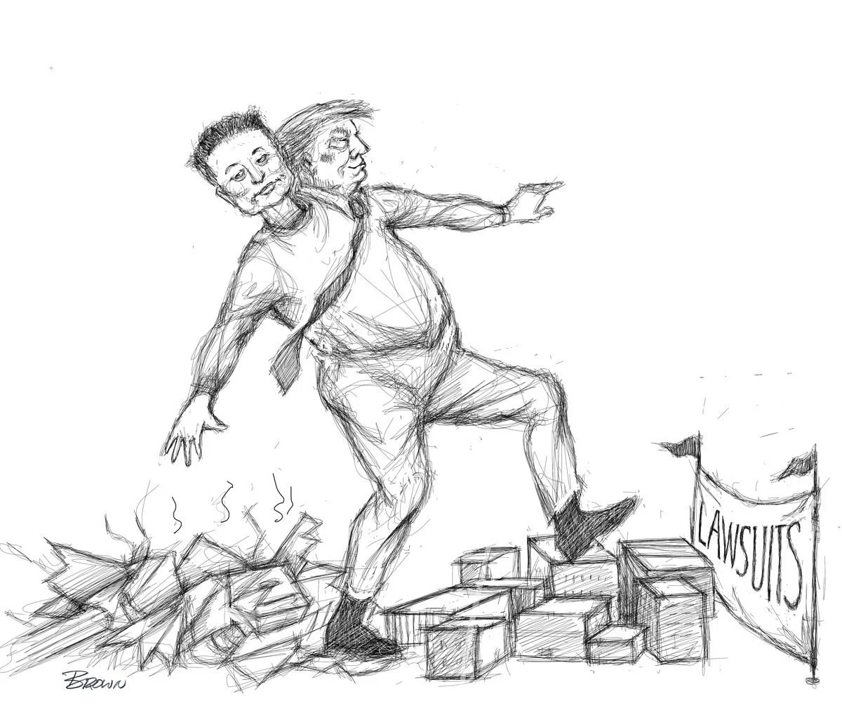 Sketch of a person falling onto a pile of broken bricks near a protest sign that reads 'Lawsuits'.