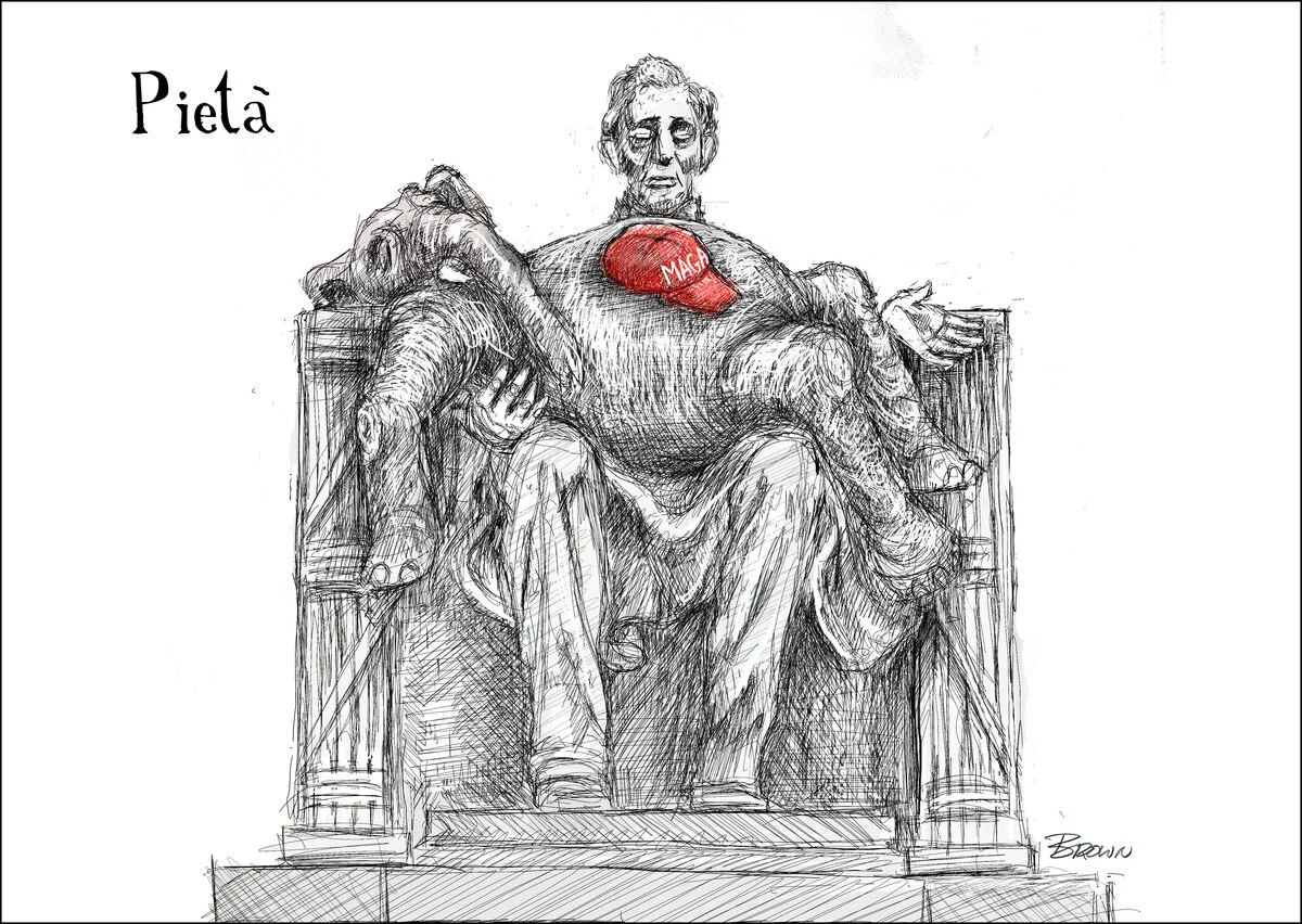 A black and white sketch of a person sitting on a throne, holding an elephant with a red cap labeled 'MAGA' on its head. The person's face appears serious or somber, and there is text that says 'Pietà' on the top left.