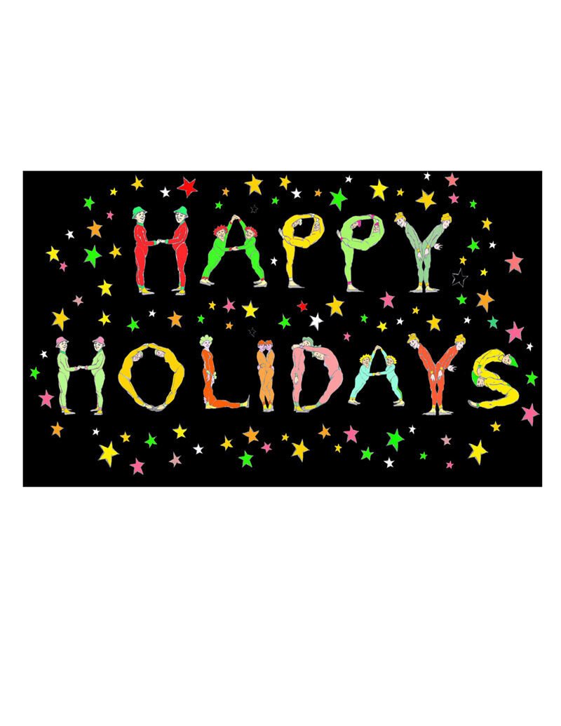 Colorful illustration with the words "Happy Holidays" spelled out with people forming each letter, surrounded by multicolored stars on a black background.