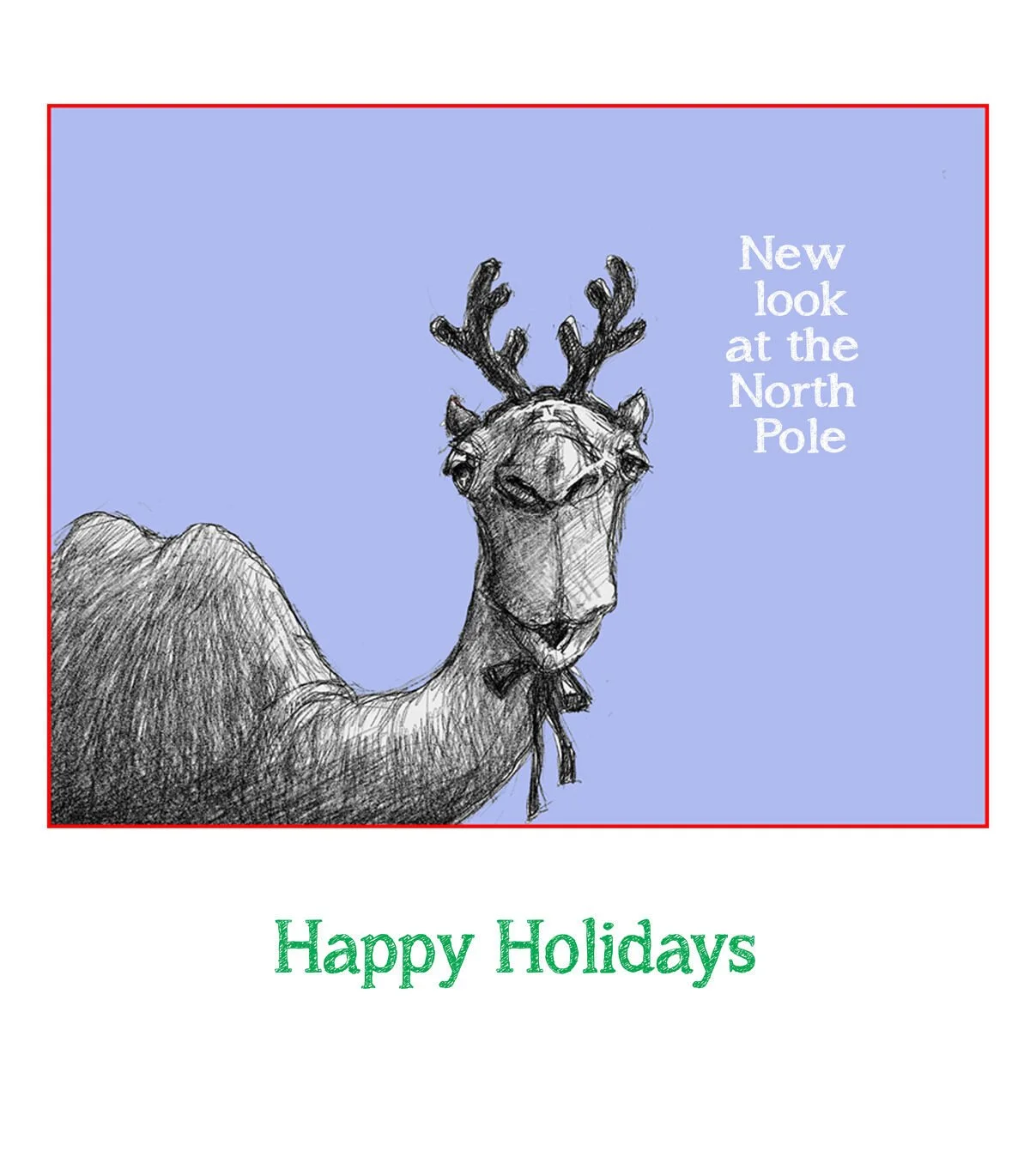 A holiday card with a sketched reindeer wearing a bow tie, against a blue background, with text that reads "New look at the North Pole" and "Happy Holidays".