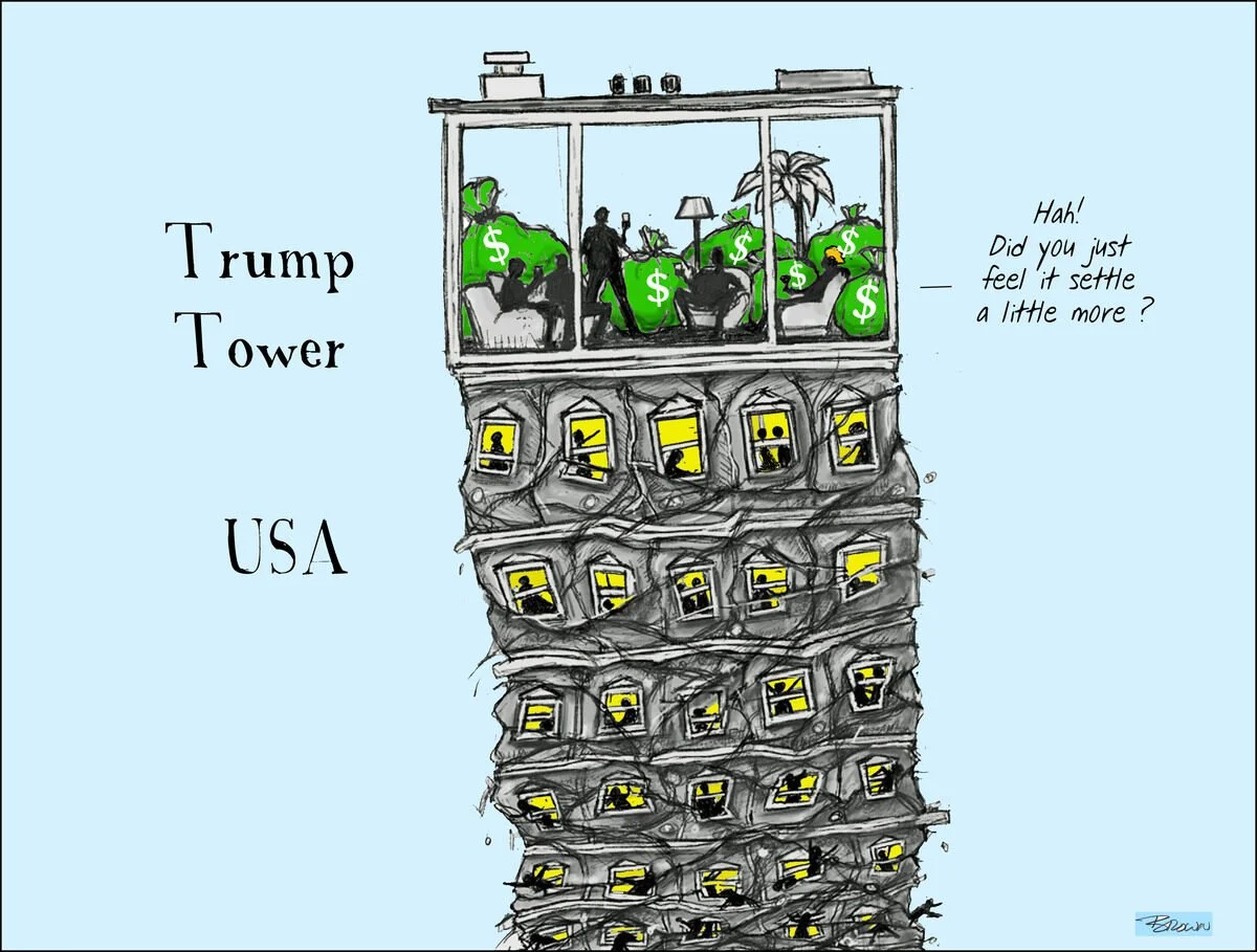 Cartoon illustration of Trump Tower in the USA depicted as a tall, crumbling building made of stacked, damaged television screens with worried faces displayed on them. The top floor shows people in green bags with dollar signs and a person holding a 
